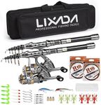 Lixada 2PCS Fishing Pole Combo Set 1.5/1.8/2.1/2.4m Rod Reel Telescopic Fishing Rod Carbon Fiber Spinning Reels Fishing Set with Hooks Soft Lures Barrel Swivels Storage Bag