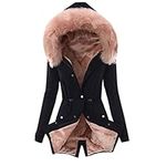 NC Womens Winter Warm Thick Long Jackets Outerwear Fleece Parkas Casual Plush Warm Lining Coat Plus Size Button Down Hooded Overcoat with Fur Hood Pink