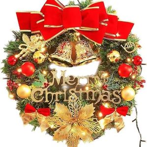 Christmas Wreath, Pre-Lit Artificial Christmas Wreath, Decorated with Pine Cones, Red Berries, Cotton, 50 LED Lights, for Indoor and Outdoor Christmas Decorations16 Inches