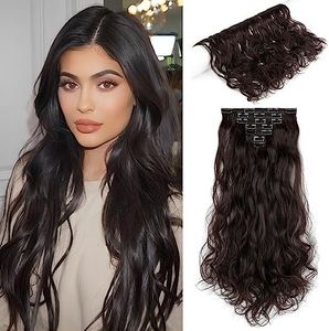 Cephermer Hair Extensions Wavy 7 PCS Clip in Hair Extensions 24" Long and Thick 170g Synthetic Hairpieces Double Weft Natural Soft Hair for Women Dark Brown