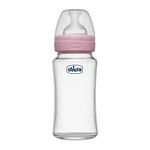 Chicco Well-Being Glass Feeding Bottle for Babies (240ml, Medium Flow) | Premium Borosilicate Glass for High Durability | Elongated Teat for Correct Latch | Comes with Anti-Spill Cap | BPA Free (Pink)