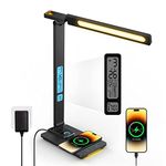 LED Desk Lamp with Wireless Charger - USB Charging Port, Touch Sliding Dimmable Auto Timer Table Lamp with Night Light, Desk Lights with Clock for Study Reading Home Office （Black）