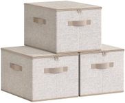 SONGMICS Collapsible Folding Storage Organiser Boxes, Set of 3 Storage Basket Bins with Lids, Handles, Clothes Organiser, 40 x 30 x 25 cm, Non-Woven Fabric, Sand Beige RZB003K01