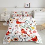 Erosebridal Kawaii Cardinal Comforter Set Mushroom Floral Queen Bedding Sets for Girls,Cartoon Animal Quilt Watercolor Flowers Leaves Toddler Duvet Insert for Girls Kids Children,Cute Room Decor