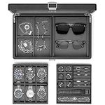 Watch Box, Textured Leather Mens Jewellery Box with 6 Slots Watch Case, Lockable 2-Tier Watch Storage,Velvet Lining, Gifts for Mens, (Black+Grey Lining)