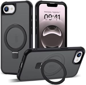 SKYLMW Compatible with iPhone 16E Case with Invisible Magnetic O-Ring Stand Military-Grade Translucent Case for iPhone 16E 6.1" 2025 [Compatible with Mag-Safe][Great Grip Feeling], Black