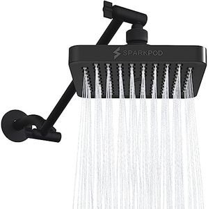 SparkPod Square Rain Shower Head with Extension Arm - Height Adjustable Shower Head with High Pressure Performance - Easy 1-Minute Installation (6" Square, Midnight Black Matte)