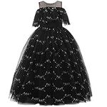 Weileenice Girl Mesh Cold-Shoulder Sequins Tulle Dress Classic Black 9-10 Flower Girls Wedding Beauty Contest Pageant Evening Gown Halloween Princess Costume Maxi Dresses Beads Kids Prom Formal Gowns