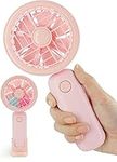 LIHELEI Mini Handheld Fan Portable, 3 Speed USB Rechargeable Personal Fan, Powerful Desk Fan with Base, Battery Operated Fan with light for Kid Women for Travel Outdoor Makeup Office (Pink)