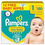 Pampers Premium Protection New Baby Size 1, 180 Nappies, 2kg-5kg, Monthly Pack + Pampers Harmonie Aqua Baby Wipes 10 Count