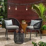 DEVOKO 3 Piece Rope Patio Bistro Set with Cushions - Perfect for Balcony, Poolside, Lawn, Garden & Outdoor Meals with Friends and Family (Black and Gray)