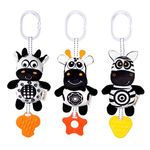 AIPINQI 3 Pack Hanging Rattle Toys, Cartoon White Black Stuffed Stroller Plush Toys for Newborn 0-18 Month Baby Bed Crib Toys with Wind Chimes (Zebra,Deer&Cow)