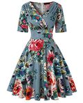 MINTLIMIT Women's V-Neck Floral Half Sleeve Midi Fit Flare Retro Dress Cocktail Dresses (Floral Dark Blue,Size XL)