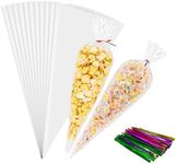 NPLUX 100 Pack Cellophane Bags,Clear Flat bottom Cellophane Treat Bags with 100 Pack Twist Ties for Candy Popcorn Cookie Small Gift Wrapping（5x10 Inches)