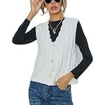 Sweater Vest, V Neck Women Sleeveless Sweater Comfy Button Up Pure Color Cable Knit for Daily (L) White