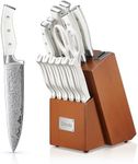 D.Perlla Knife Set, 14 Pieces Kitchen Knife Set with Self Sharpening Wooden Block, German Stainless Steel Knife Block Set with Steak Knives, Brown
