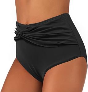 JFAN Bas de Maillots Femme Taille Haute Ruched Bas de Bikini Culotte Bas Maillot Ventre Plat Noir L