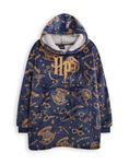 Harry Potter Girls Wearable Blanket Hoodie | Childrens Hooded Sherpa Fleece Pullover in Navy with HP Hogwarts Logo All Over Print | Kids Sherpa Lined Loungewear with Pockets | Wizard Movie Merchandise