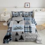 Cabin Comforter Set Bear Deer Rustic Lodge Bedding Set Queen Size For Kids Teens Adult, Camper Wild Animal Quilt Plaid Check Adventure Farmhouse Down Comforter Country Cowboy Hunting Decor, Blue Gtey