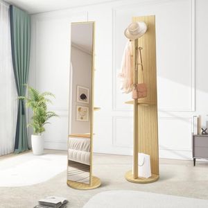 Maxkon Rotatable Floor Mirror Full Length Mirror Freestanding Full Body Mirror Large Stand Up Mirror with Storage Oak