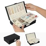 BELLE VOUS Black Jewellery Organiser Travel Case Box with Earring Insert & Hand Mirror - Lockable MDF Storage Tray - Storage Grids, Hangers & Pouch for Rings, Necklaces, Bracelets & Watches