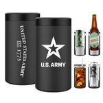 4 in 1 Insulated Can Cooler, Stainless Steel Double-Walled Insulator for 12 oz Standard or Skinny Slim Cans, 12 Oz Beer Bottles & Mixed Drinks – Gifts for Veterans (ARMY)