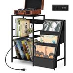 Vinyl Record Player Stand Record Storage Cabinet with Power Outlet Turntable Stand Black Record Table with 3 Tier Album Storage Display Shelves Record Holder Shelf for Living Room Bedroom