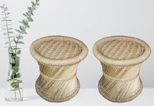 Rajasthani Handmade Bamboo mudda/Stool/Chair for Living Room/Office/Home for Indoor/Outdoor Garden 14X14 Set of-2 (Beige Colour)