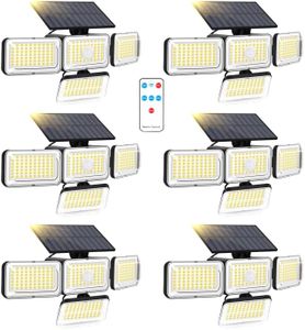 Mokot Solar Outdoor Lights, 288LED IP65 Waterproof Motion Sensor Outdoor Lights with Remote Control, 2800LM 4 Heads Solar Flood Wall Lights for Outside Yard - 6PACK Cool White