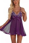 marysgift Plus Size Babydoll Full Slip Sleeveless Nightwear Lace Strappy Nightdress Embroidery Chemises Lingerie for Women Purple 3XL UK 16 18 (352)