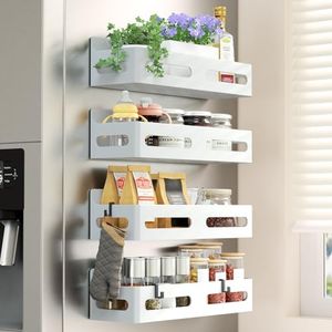 Sevenblue 4 Pack Strong Magnetic Spice Rack for Refrigerator, Multipurpose Magnetic Shelf for Fridge with 4 Hooks for kitchen and Bathroom Organization, White