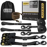 AUGO Ratchet Tie Down Straps –2PK– 4.5M – 1000KG Break Strength – Safety Lock S Hooks –for Moving Cargo, Appliances, Lawn Equipment, Motorcycle – Includes 1 Bungee Cord, 2 Soft Loops, Storage Bag