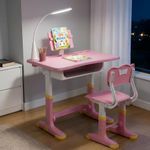 StarAndDaisy Study Table for Kids 5-12 Years Boys & Girls, Adjustable Height Study Table & Chair Set for Kids/Baby, Children with Book Holder & Storage & LED Light, Wide Deck - Pink