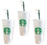 Starbucks Reusable 3 Hard Plastic Venti 24 oz Frosted Ice Cold Drink Cup with Lid and Green Straw w/Stopper