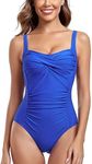 Vevarble Swimming Costume Women Vintage Cross Front Shaping One Piece Swimsuit Solid Shirred Tummy Control Swimwear Bathing Suit（Blue-M）