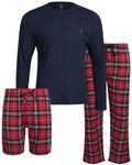 U.S. Polo Assn. Men's Pajama Set - 3 Piece Waffle Knit Long Sleeve T-Shirt, Flannel Lounge Pants, and Shorts, Size Large, Maritime Blue/Scooter Plaid