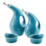 Rachael Ray Serveware Ceramics EVOO and Ramekin Dipper Set, 4 Piece, Agave Blue