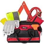 Thrive Roadside Emergency Car Kit - Safety Accessories and Tool with Jumper Cables and Mini First Aid Kit for Women and Men (Red Canvas Bag)