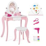 COSTWAY Kids Vanity Table and Stool Set, Girls Makeup Dressing Table with 360° Rotating Mirror/Whiteboard, Drawer & Storage Box, Princess Pretend Playset (With 7 Accessories, 60x34x100cm)