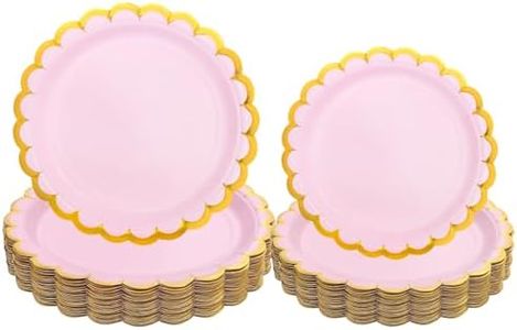 Xiangqu 60 Pcs Pink Scalloped Paper Plates, 7 Inch 9 Inch Disposable Party Paper Plates Pink Paper Plates with Gold Foil Edge for Dessert Cake Wedding Baby Shower Birthday