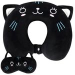 Alaoo Travel Pillow, Removable Memory Foam Kids Travel Pillow with Zips, Convenient & Portable U Shaped Neck Pillows with Cute Eye Mask for Adults Children for Home, Office, Sleeping (Black Panda)