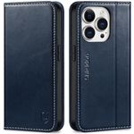 SHIELDON Wallet Case for iPhone 14 Pro 5G 2022, Genuine Leather for iPhone 14 Pro Folio Magnetic Kickstand RFID Blocking Card Slots Shockproof Cover Compatible with iPhone 14 Pro 6.1" - Retro Dark Blue