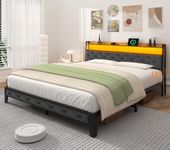 Winkalon Queen Bed Frame with Headboard, Bed Frame with Charging Station, Metal Platform Bed Frame No Box Spring Needed, Modern Wood Upholstered Headboard and Under Bed Storage.