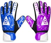 Jazzy Sports Contrast Goalkeeper Gloves for Youth, Kids Goalie Gloves with Double Wrist Protection, Non-Slip Latex Material, Adult Soccer Goalkeeper (Navy Blue-Purple, Size 4 Suitable for 6-9 Years)