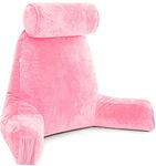 Husband Pillow Medium Pink, Backrest for Kids, Teens, Petite Adults - Reading Pillows with Arms, Adjustable Loft, Plush Memory Foam, Bed Rest Chair for Sitting Up, Detach Neck Roll, Removable Cover