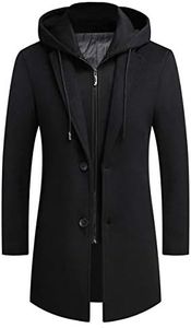 PRIJOUHE Men's Wool Coat Hoodie Long Trench Coat Cotton Casual Woollen Overcoat Jacket, Black-09, X-Large