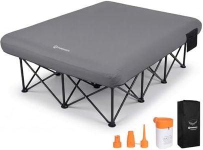 FUNDANGO Queen Camping Cot with Electric Pump, 2 Person Air Mattress with Frame, Double Camping Cot Bed with 2 Cup Holders & Removable Cover for Camp, Home Guest, Carry Bag Included (Grey)