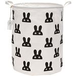 Sea Team 19.7 Inch Large Sized Waterproof Coating Ramie Cotton Fabric Folding Laundry Hamper Bucket Cylindric Burlap Canvas Storage Basket with Stylish Black Bunny Design