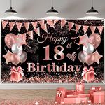 18th Birthday Party Decorations, 18th Black Rosegold Birthday Backdrop Banner Photo Booth Sign Decoration, Large Eighteenth Birthday Banner Background for Girls 18th Birthday Party Supplies