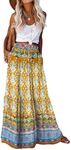 Bsubseach Women Boho Floral Maxi Skirt Elastic High Waist Flowy Ruffle Long Skirts Casual A Line Skirts with Pockets